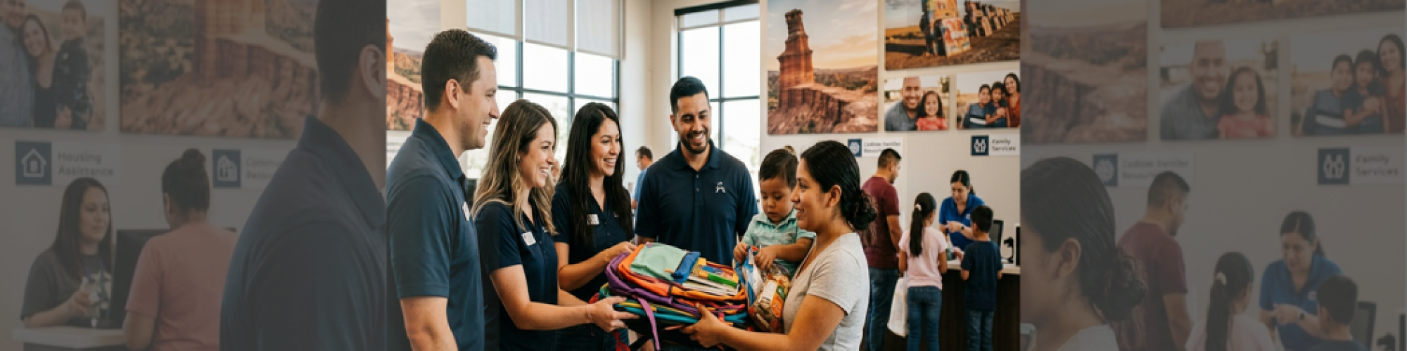 Volunteers and a family sharing backpacks and supplies at a resource center 
