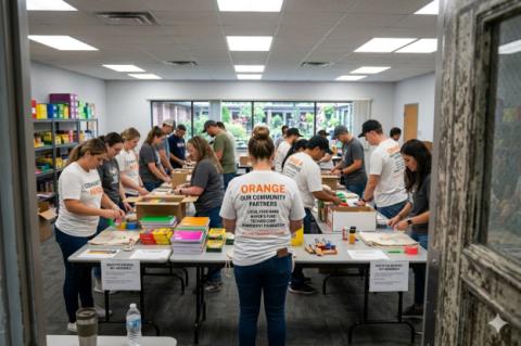 Volunteers organizing study materials during Amarillo community support event 
