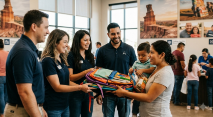 Volunteers and a family sharing backpacks and supplies at a resource center 